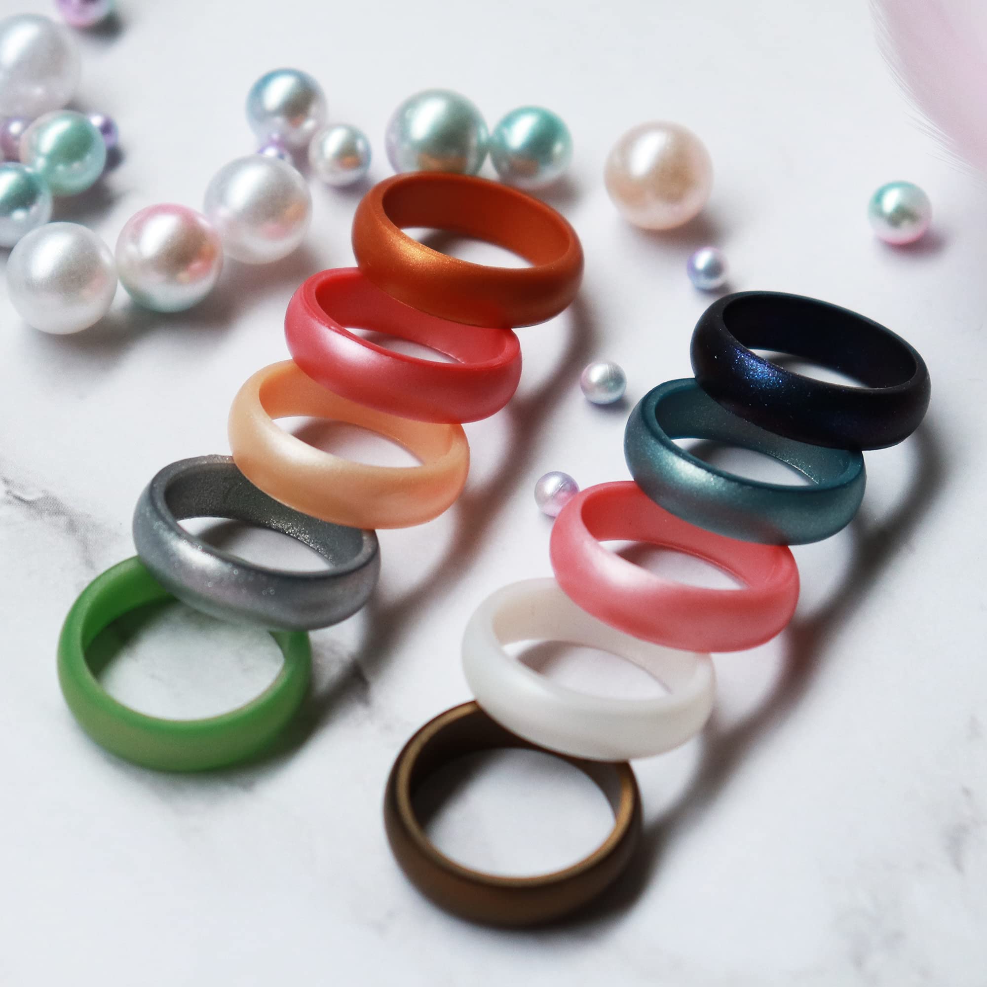 Zollen 10 Pack Women's Silicone Wedding Rings - 5.5mm Metallic Rubber Bands, Stackable Comfort Ring Set for Active Lifestyle, Gym, Swimming & Outdoor Activities