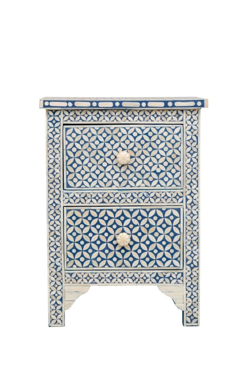 Handmade Bone Inlay Nightstand with Two Drawers - Blue Vintage Bedside Table for Bedroom, Living Room & Office - Perfect Lamp Stand & Storage Solution