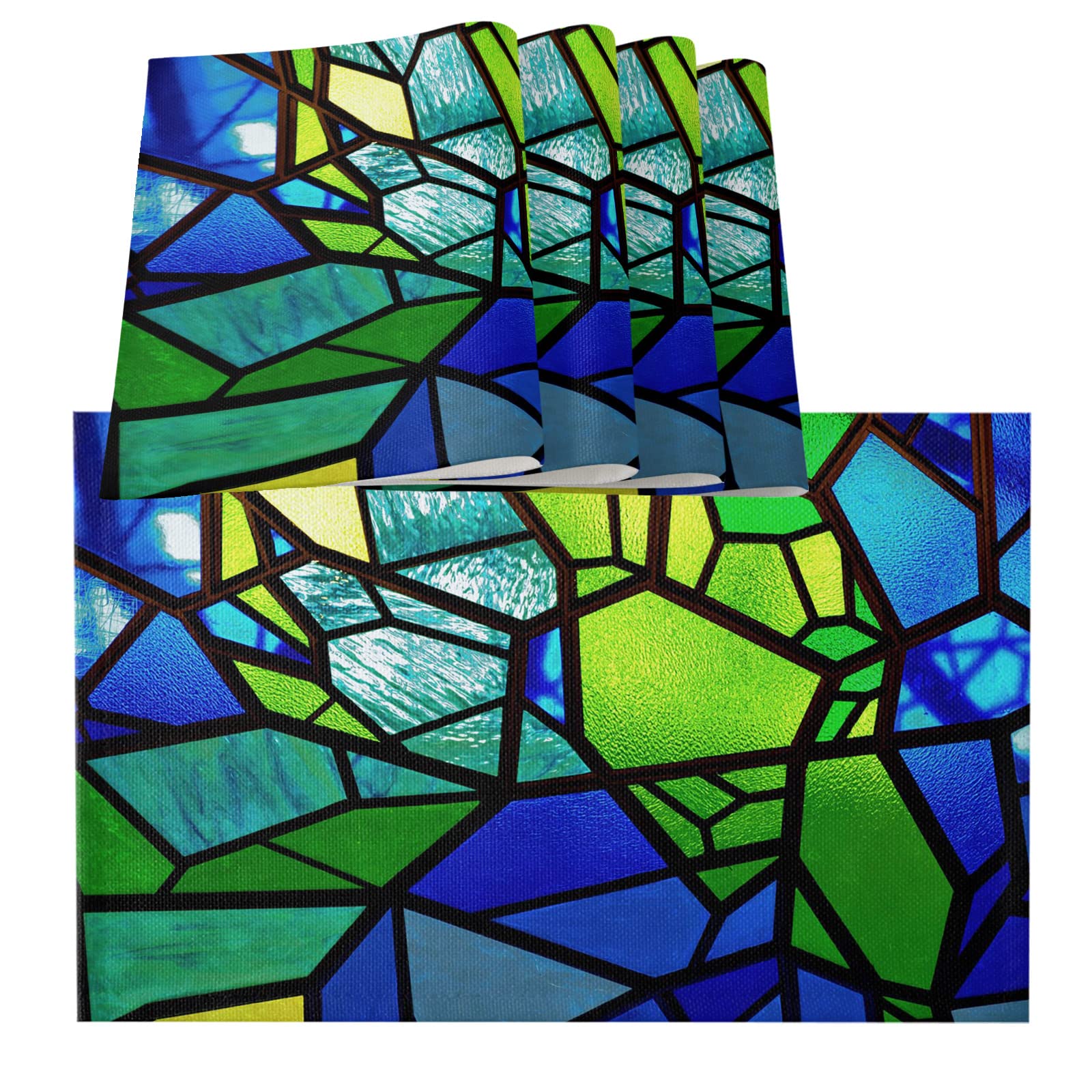 Modern Abstract Art Cotton Linen Placemats Set of 4 - Blue & Green Cube Design for Square, Rectangle & Round Dining Tables - Washable Kitchen & Holiday Table Décor for Everyday Meals, Dinner Parties & Special Occasions