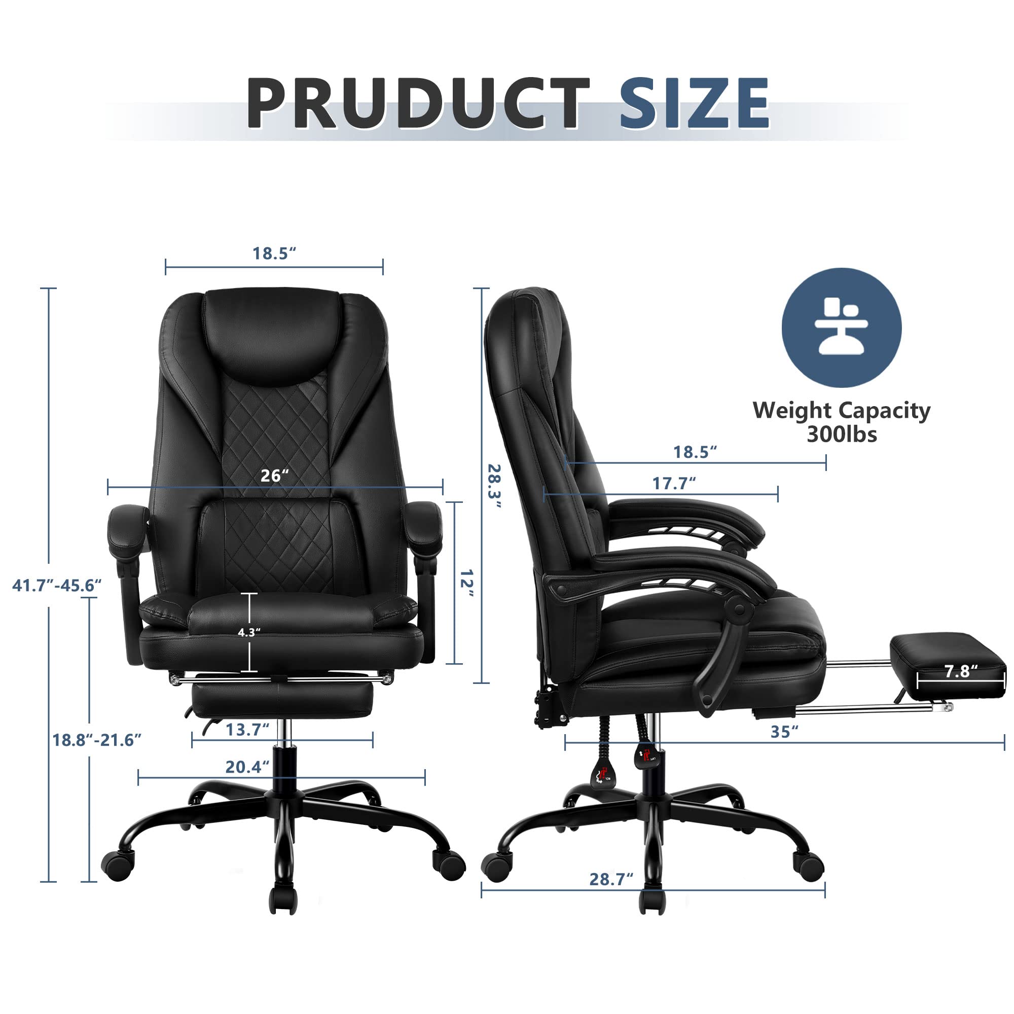 Premium Big and Tall Executive Office Chair with Adjustable Footrest & Reclining Function - High Back Ergonomic Leather Desk Chair for Home Office (Black) - Perfect for Long Work Hours, Video Conferences & Relaxation Breaks