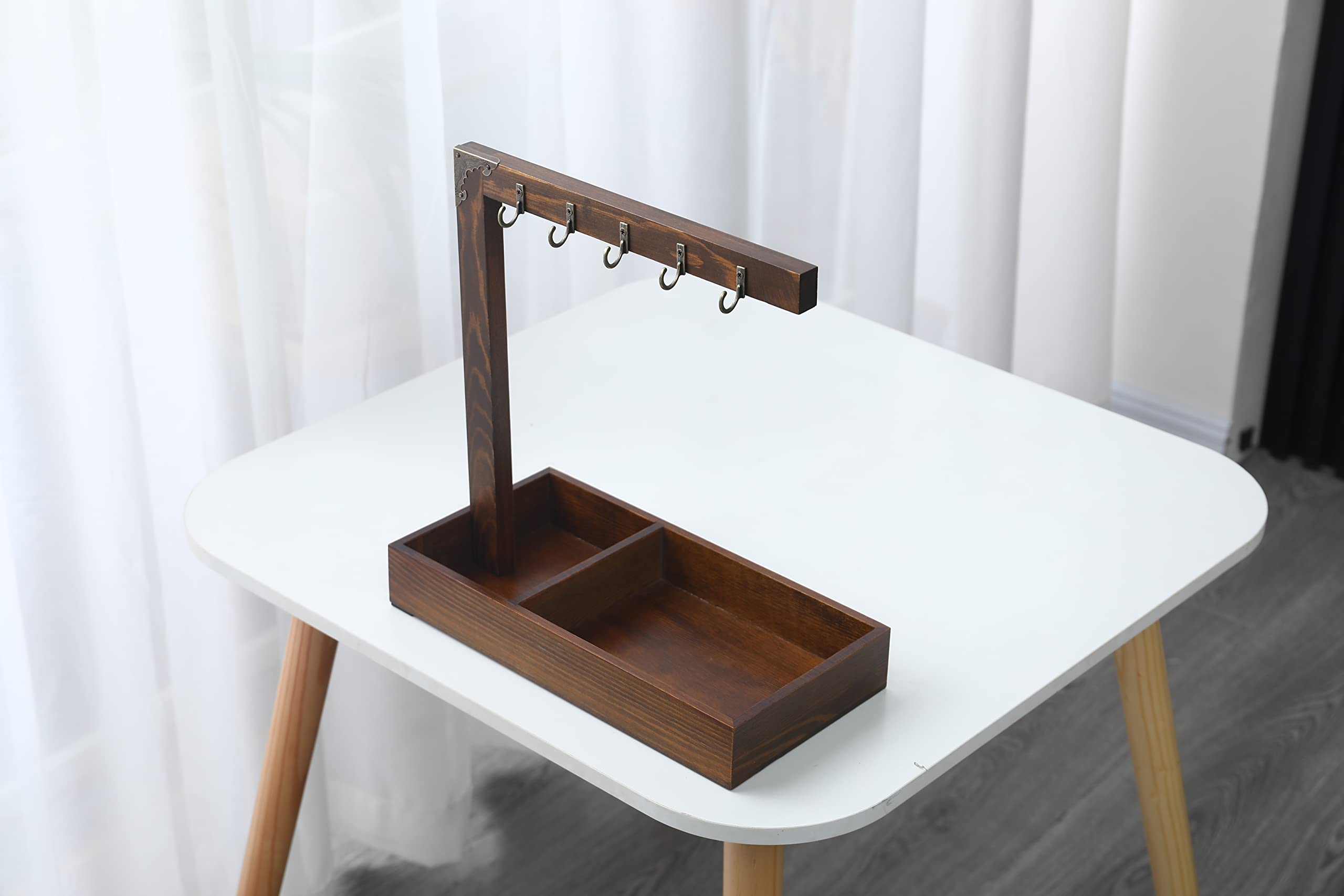 Rustic Wooden Entryway Key Holder with Storage Tray & Brass Hooks - Wall Mounted Organizer for Keys, Jewelry & Small Items | Perfect for Home, Office & Apartment Entryway Decor