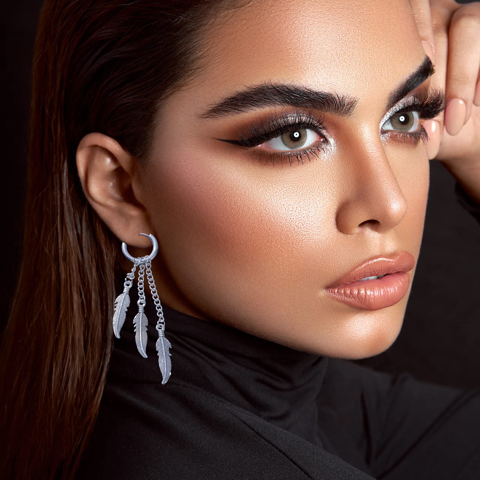 Halawly Stainless Steel Feather Chain Earrings for Men & Women - Silver, Gold, Black Punk Long Dangle Earrings Set | Lightweight Fashion Jewelry for Party, Birthday, Concert & Gothic Style Outfits