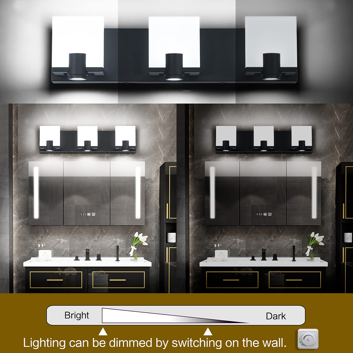 SOLFART Modern Black LED Dimmable Vanity Lights - 3 Spotlights Bathroom Mirror Lighting Fixture for Bathroom, Bedroom, and Makeup Area