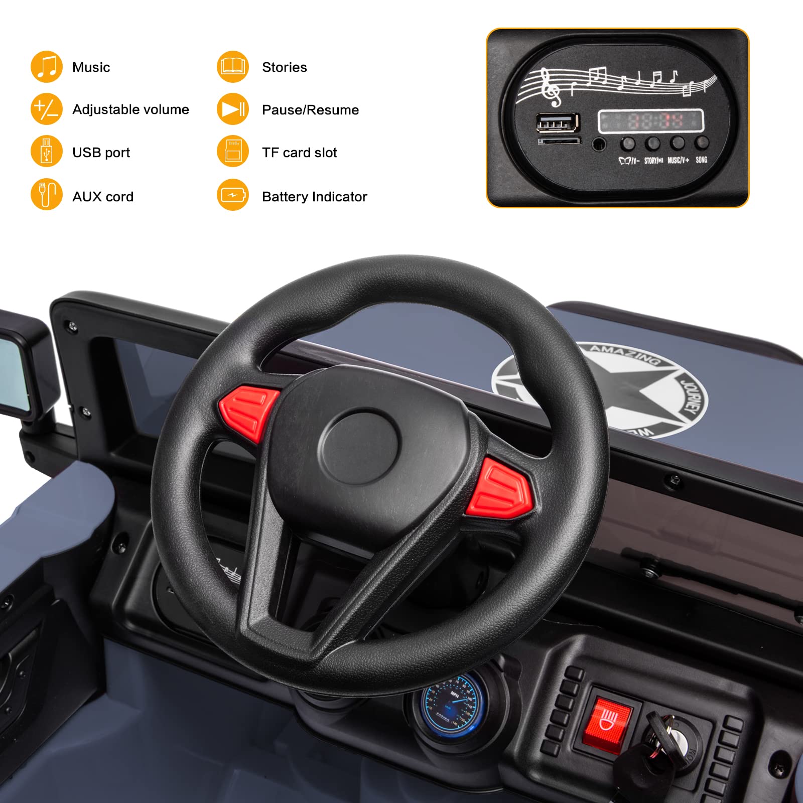 IKON MOTORSPORTS 12V Kids Electric Ride-On Car with Parental Remote Control, DIY Stickers, 2 Motors & LED Lights - Full Function Doors, Music Player in Gunmetal Gray - Perfect for Outdoor Play & Birthday Gifts for Toddlers Ages 3-8 Years Old