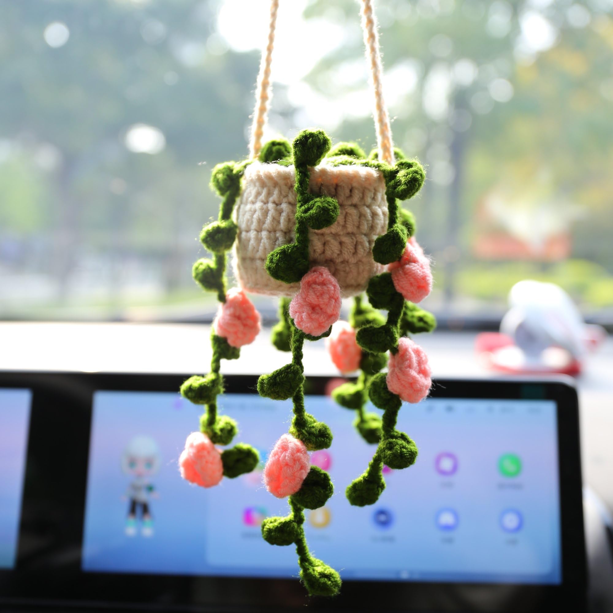 Boho Crochet Hanging Car Plant Decor - Handmade Macrame Rear View Mirror Accessories for Women | Cute Pink Car Plants for Dashboard, Boho Chic Car Interior Decoration