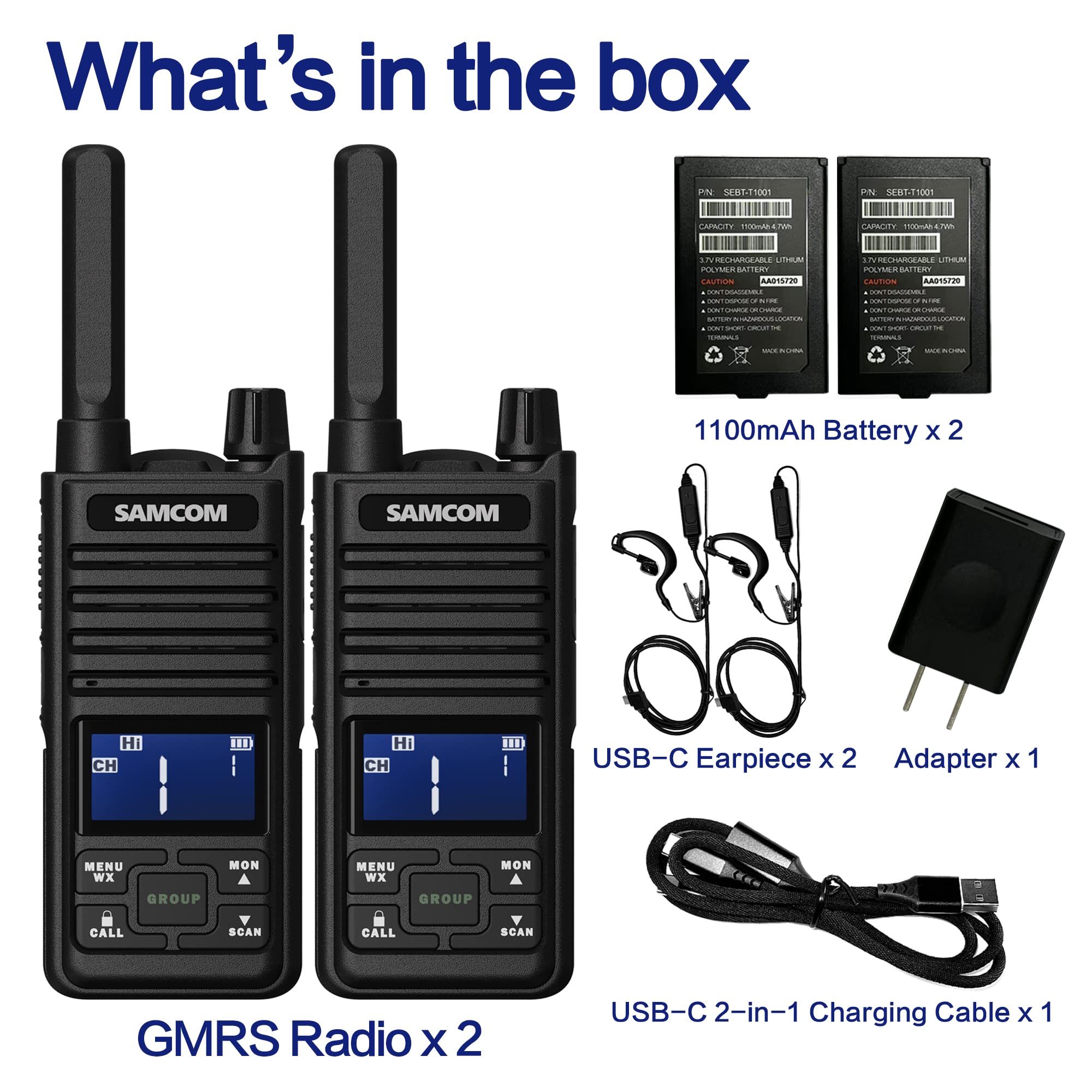 Samcom T2 GMRS Two Way Radio - 2 Watt Long Range Walkie Talkies for Adults with 121 Privacy Codes, USB Rechargeable, NOAA Weather Alerts & Group Talk (2 Pack Black) - Ideal for Hiking, Camping, Construction Sites and Emergency Communication