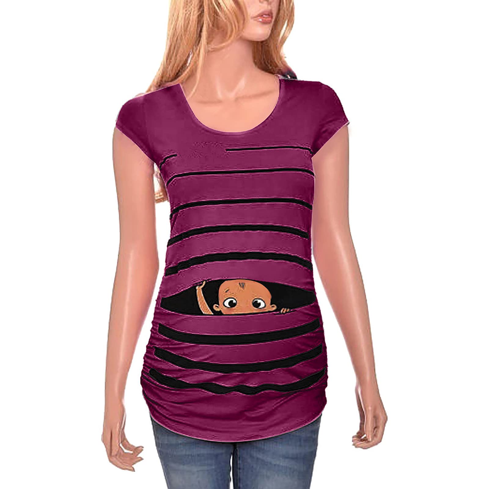 Funny Maternity T-Shirt with Baby Print & Stripes - Cute Short Sleeve Pregnancy Top for Women | Perfect for Baby Showers, Maternity Photos & Casual Wear
