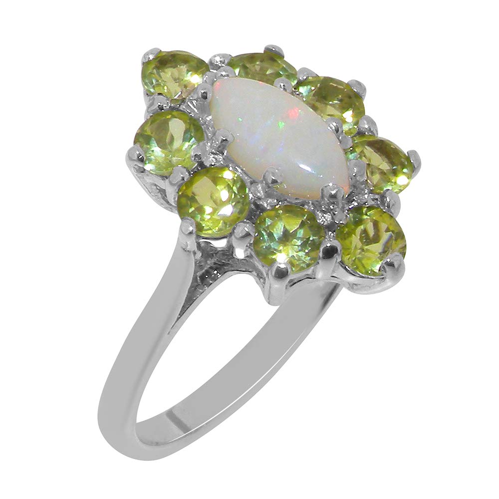 9K White Gold Genuine Natural Opal & Peridot Women's Engagement Ring - Size 8 - Perfect for Weddings, Anniversaries & Special Occasions