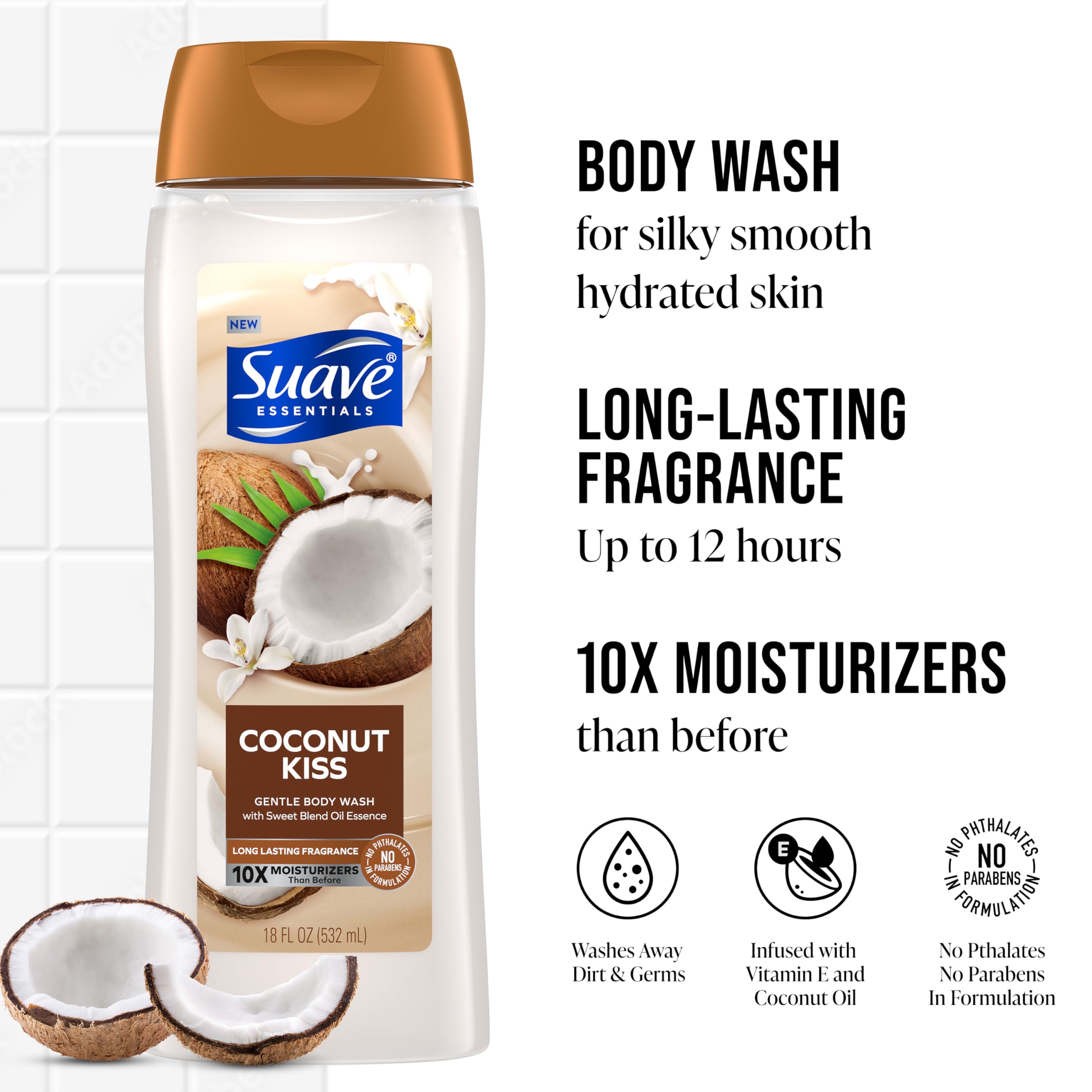 Suave Body Wash Variety 2-Pack, Sweet Vanilla Silk & Coconut Kiss - Moisturizing Gentle Body Wash with Natural Oil Essence, 18 Oz Each - Perfect for Daily Shower & Spa Relaxation at Home
