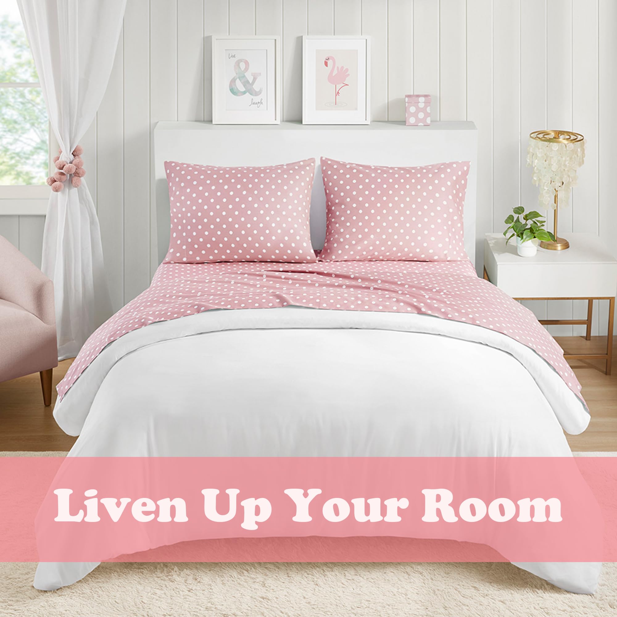 Mi Zone Pink Queen Size Sheet Set for Kids & Girls - 100% Cotton Percale Soft Polka Dot Bedding Set (Flat Sheet, Fitted Sheet, Pillowcase) | Breathable All-Season Comfort | Fits 14