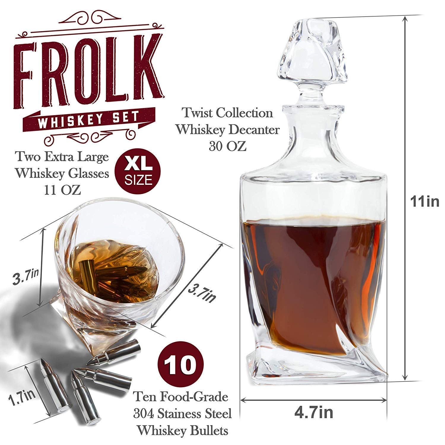 Premium Whiskey Decanter Set with 2 Glasses & 10 Stainless Steel Ice Stones - Elegant Wooden Gift Box for Men, Includes 2 Slate Coasters, Tongs & Freezer Pouch - Perfect for Home Bars, Whiskey Tasting & Gifts for Whiskey Lovers