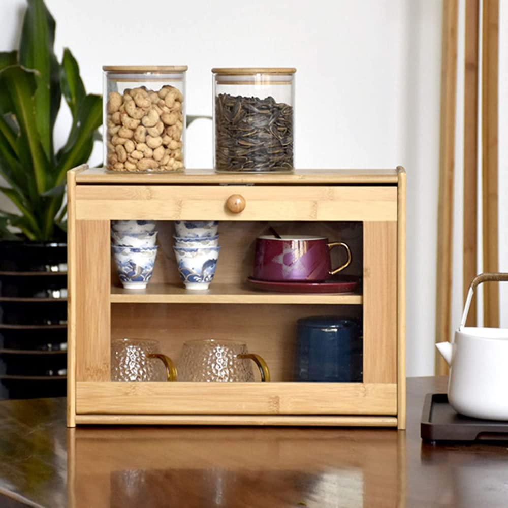 Wooden Bread Box with Transparent Double Layer Drawer - Large Capacity Kitchen Countertop Organizer for Bread, Snacks & Pastries | Durable Thickened Brown Cabinet for Pantry Storage & Home Decor