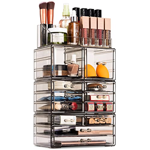 Sorbus Large Clear Makeup Organizer with Detachable Compartments - Spacious Cosmetic & Jewelry Storage Tower for Vanity, Bathroom, Dresser & Countertop - Perfect for Organizing Makeup Brushes, Lipsticks, Eyeshadow Palettes and Skincare Products - Black Jewelry Display Case