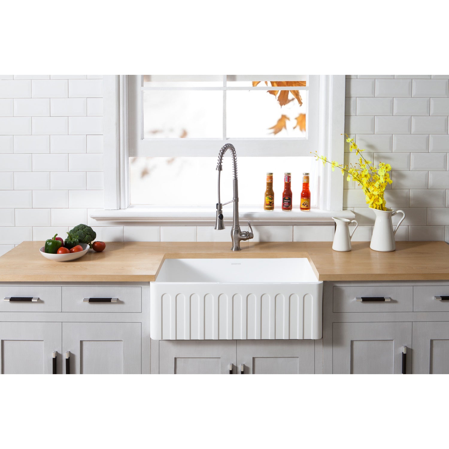 Arcticstone GKFA301810CD 30 Inch White Farmhouse Kitchen Sink - Matte Finish Solid Surface Apron Front Single Bowl with Strainer | Perfect for Modern Farmhouse & Rustic Kitchen Designs