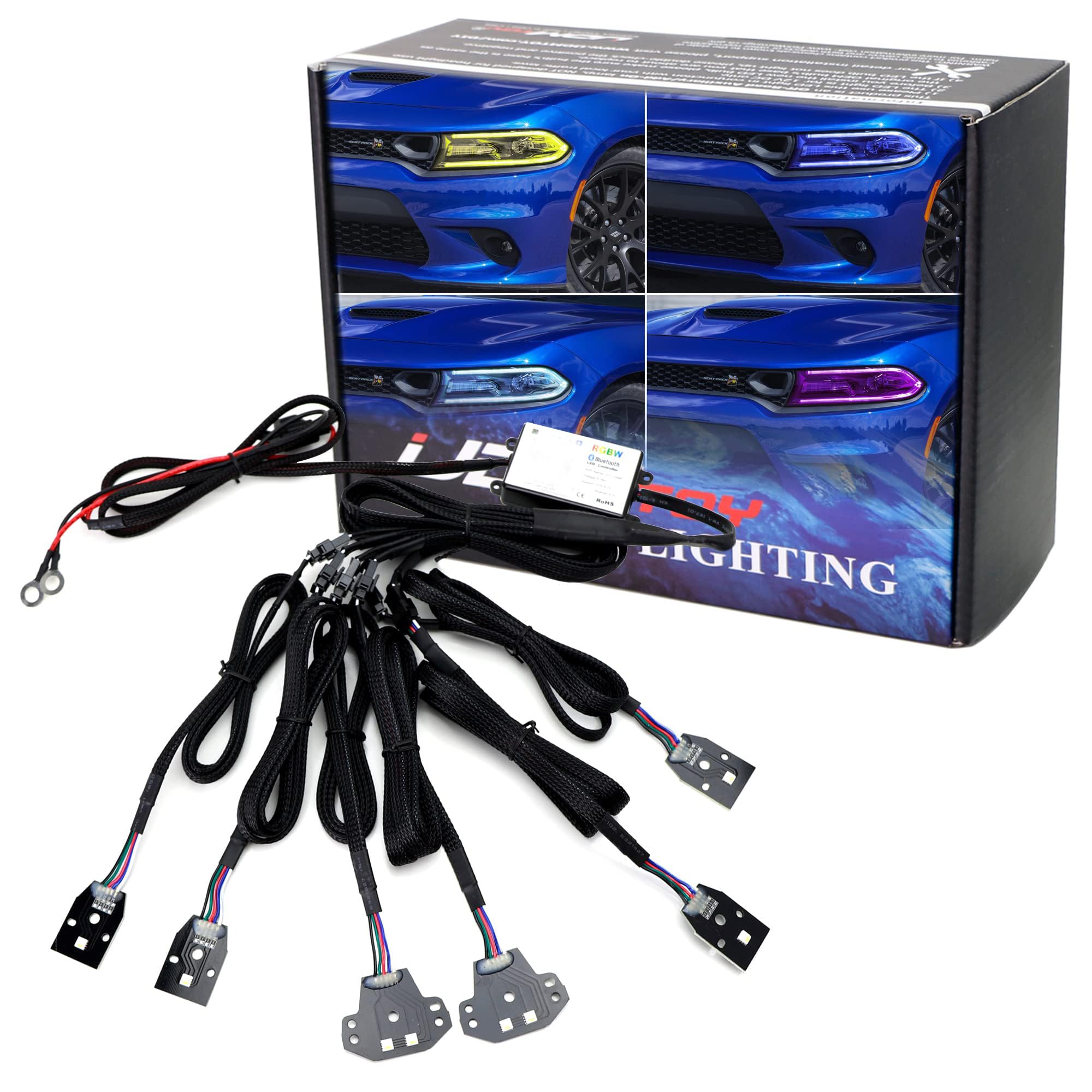 iJDMTOY RGBW Multicolor LED Ambient Lighting Kit for 2015-2023 Dodge Charger - Smartphone Controlled Car Interior Lights with Circuit Board | Perfect for Night Driving & Custom Car Decoration