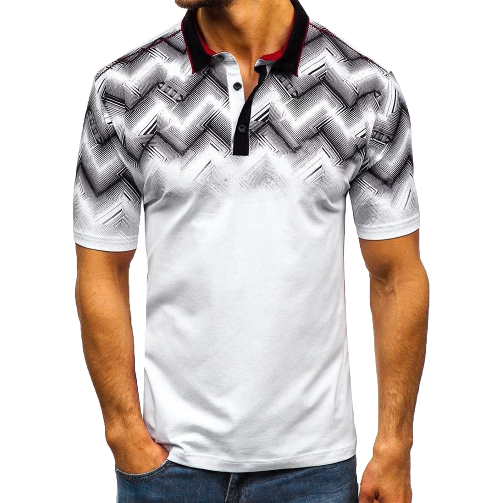 Men's RIZI Polo Shirts with Button Collar - Stylish Printed Short Sleeve Muscle Fit T-Shirts for Golf, Work & Casual Wear - Summer Sports Top for Hipster Fashion