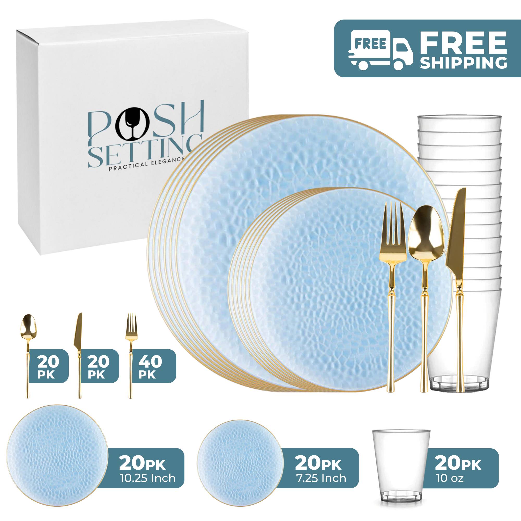 Blue and Gold Plastic Party Bundle - Organic Hammered Tableware Set for Birthday, Wedding & Holiday Celebrations