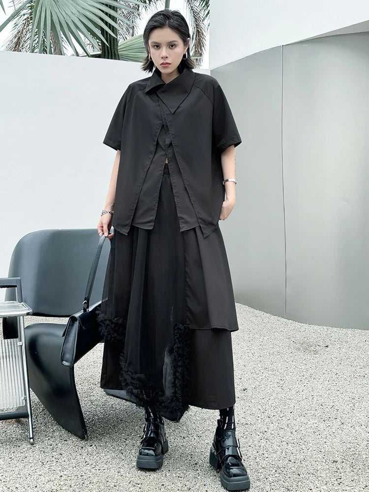 Oversized Black Asymmetrical Mesh Pantsuit Set - Fashionable Lapel Short Sleeve Two Piece Outfit for Women | Spring Summer 2025 Trendy Streetwear | Perfect for Casual Wear, Night Out & Fashion Events
