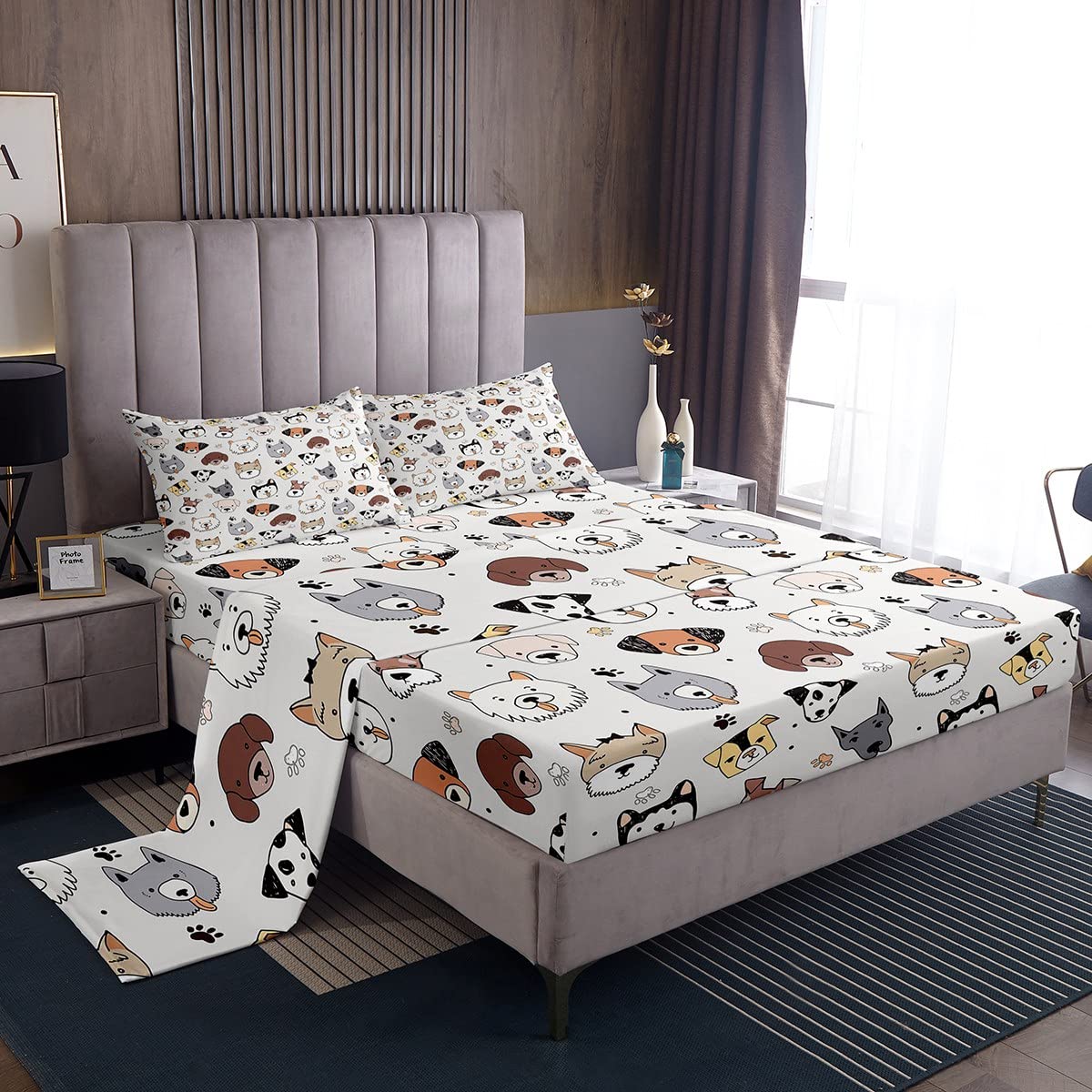 Erosebridal Cute Dog Bed Sheets Set - Deep Pocket Twin Size with Pug, Corgi & Shiba Puppy Watercolor Print - Kawaii Animal Grey Fitted Sheet & 1 Pillowcase for Kids, Boys & Girls | Perfect for Dog Lovers' Bedrooms, Dorm Rooms & Cozy Pet-Themed Decor