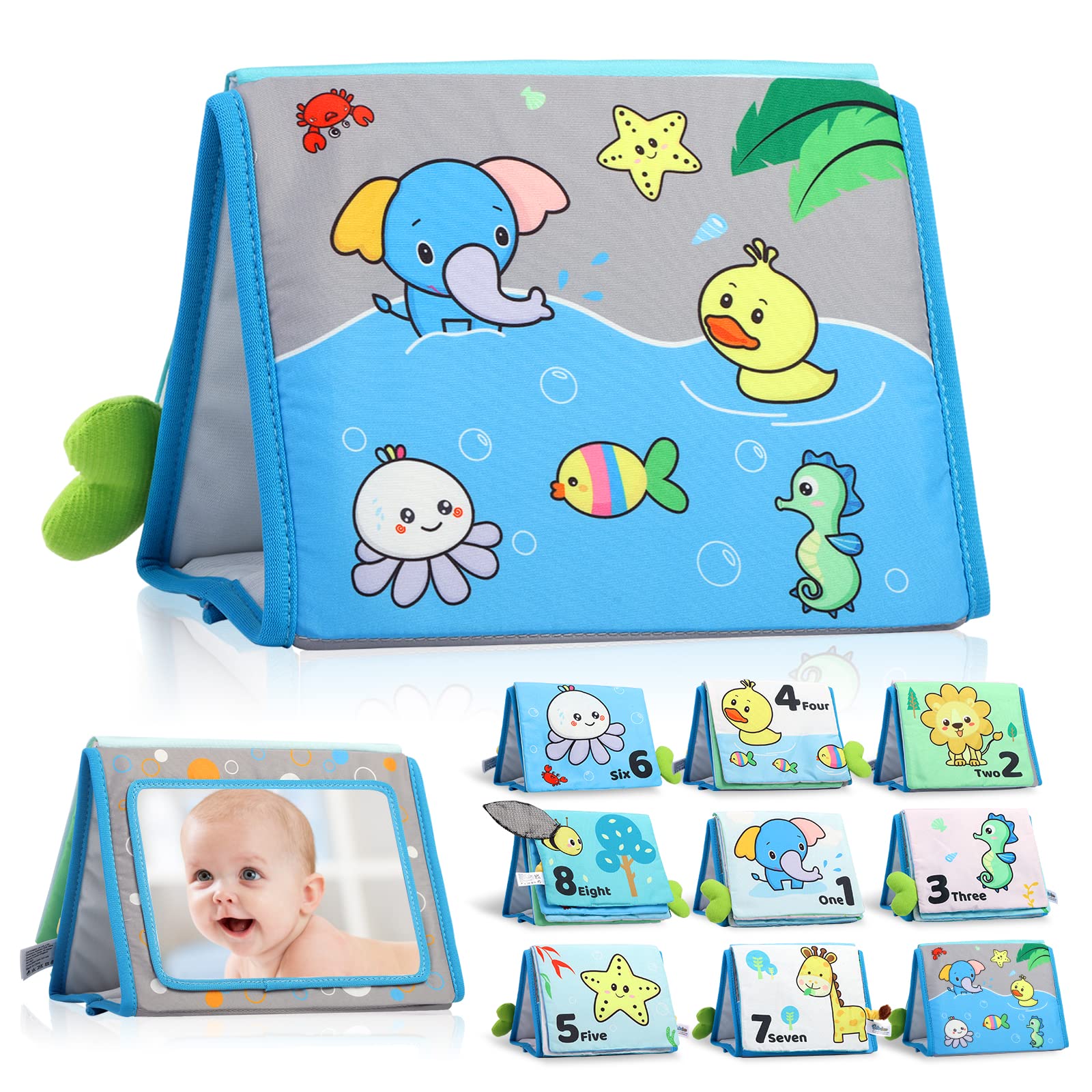 Caterbee Baby Mirror Toys - Soft Tummy Time Cloth Book with Safe Mirror & Crinkle Sounds for Early Learning | Developmental Sensory Play for Newborns & Toddlers | Perfect for Playtime, Travel & Nursery Activities