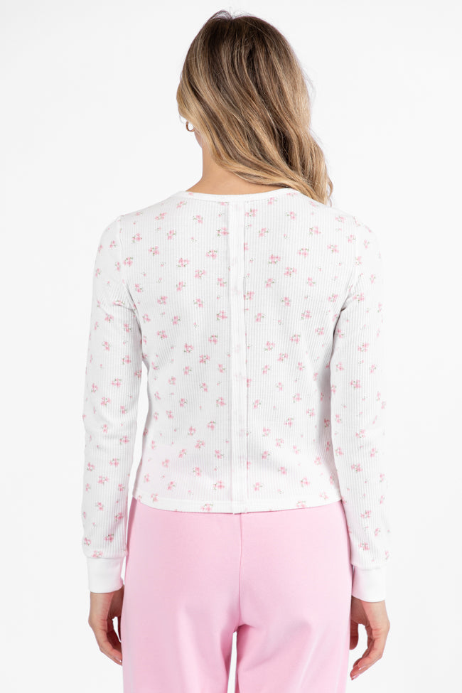 Lazy Floral Ivory and Pink Floral Print Waffle Layering Top | Women's Casual Blouse | Perfect for Spring Outfits & Boho Style