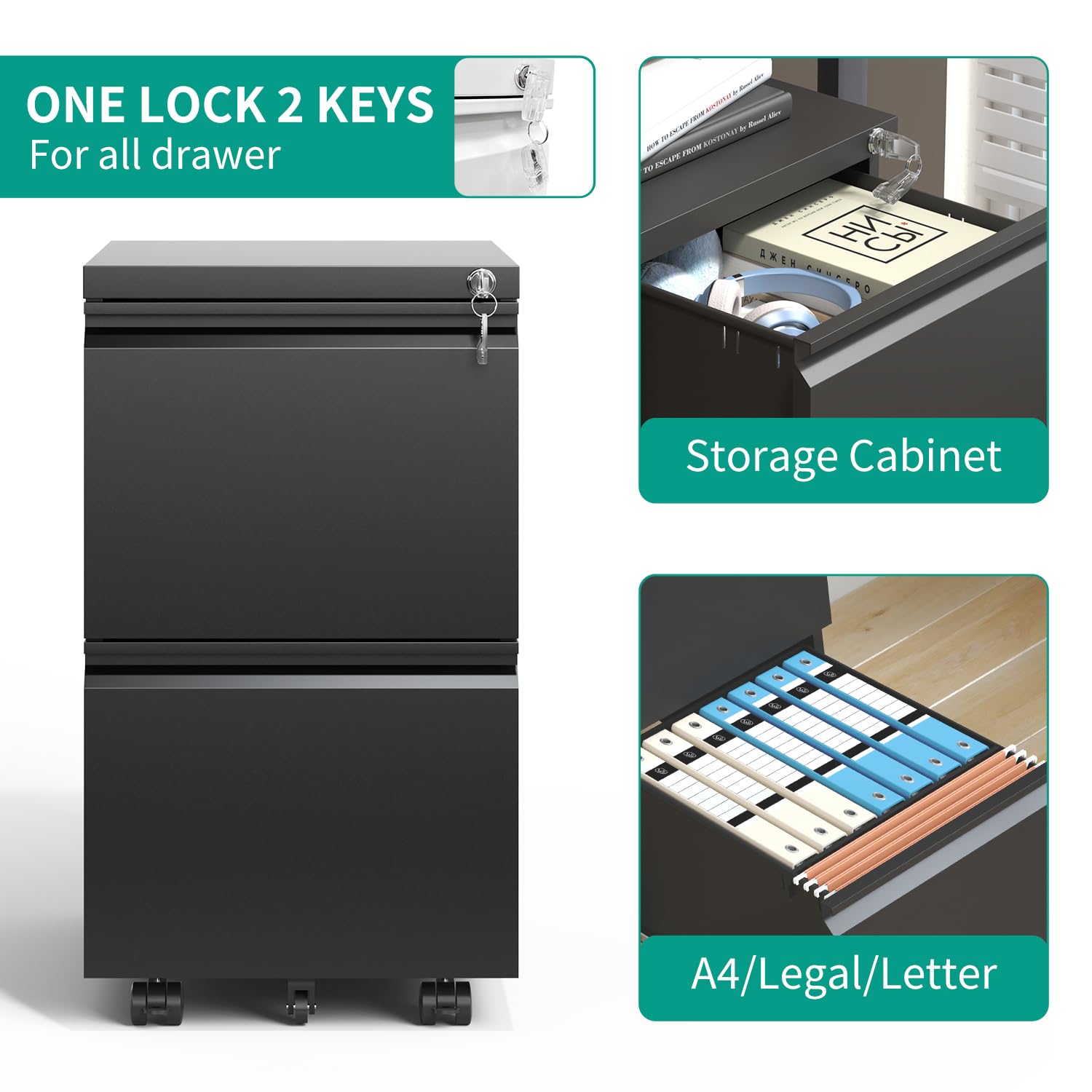 2 Drawer Mobile File Cabinet with Lock - Under Desk Metal Filing Cabinet for Home Office - Small Rolling Storage Organizer for Legal/Letter/A4 Documents - Fully Assembled (Black) - Perfect for Small Spaces & Office Organization