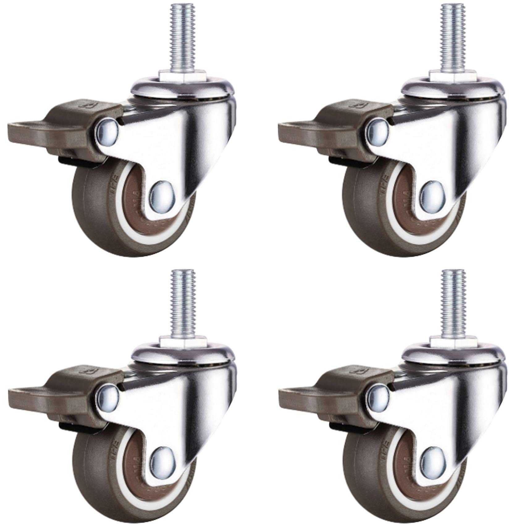 Uitllna 4-Pack 360° Swivel Caster Wheels with Brake - M8 x 20mm Threaded Stem, Quiet Rolling Furniture Casters for Tables, Chairs, Shopping Carts & Office Equipment (1-Inch Brake, Heavy Duty)
