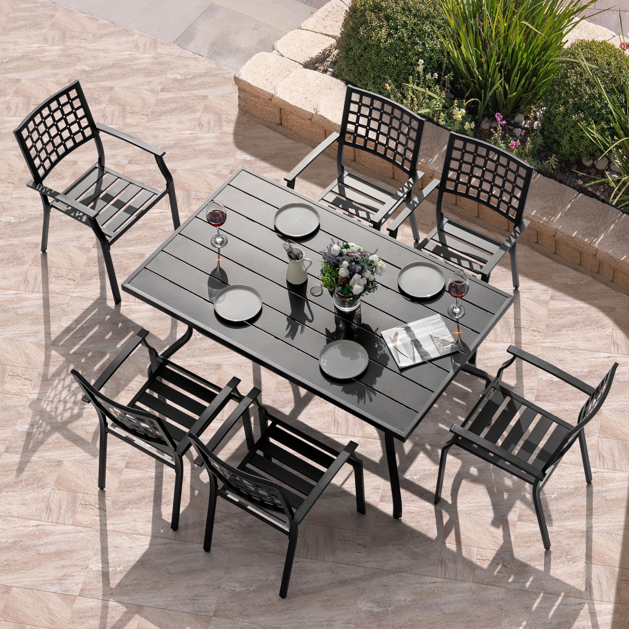 NUU GARDEN Patio Dining Chairs Set of 2 - 300Lbs Capacity Stackable Outdoor Metal Chairs with Armrests - Wrought Iron Patio Furniture for Backyard, Lawn, Deck, Poolside, Porch, Bistro - Perfect for Outdoor Dining, Relaxing & Entertaining - Black