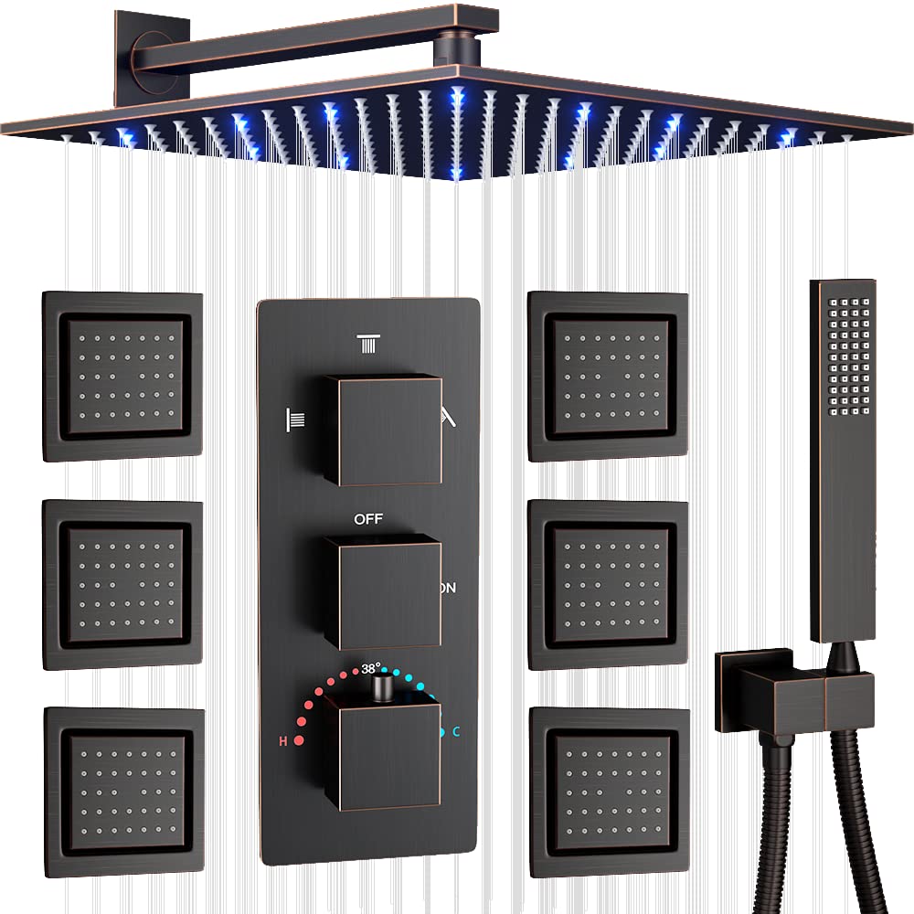 Oil Rubbed Bronze Thermostatic Shower System - 12 Inch Rainfall Shower Head, 6 Body Jets & Handheld Shower | Complete Bathroom Faucet Set for Luxurious Spa Experience at Home