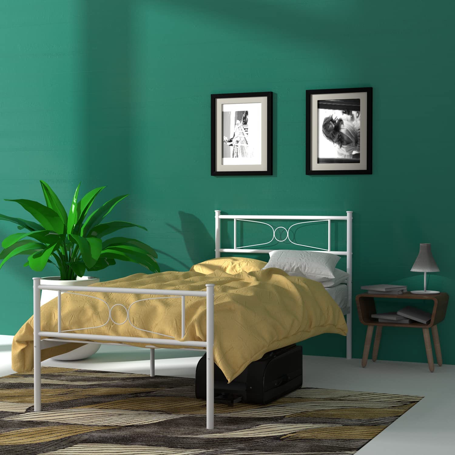 White Twin Bed Frame with Storage for Girls & Boys - Sturdy Metal Platform Bed with Headboard & Footboard, No Box Spring Needed - Perfect for Teenagers, Students & Small Bedrooms