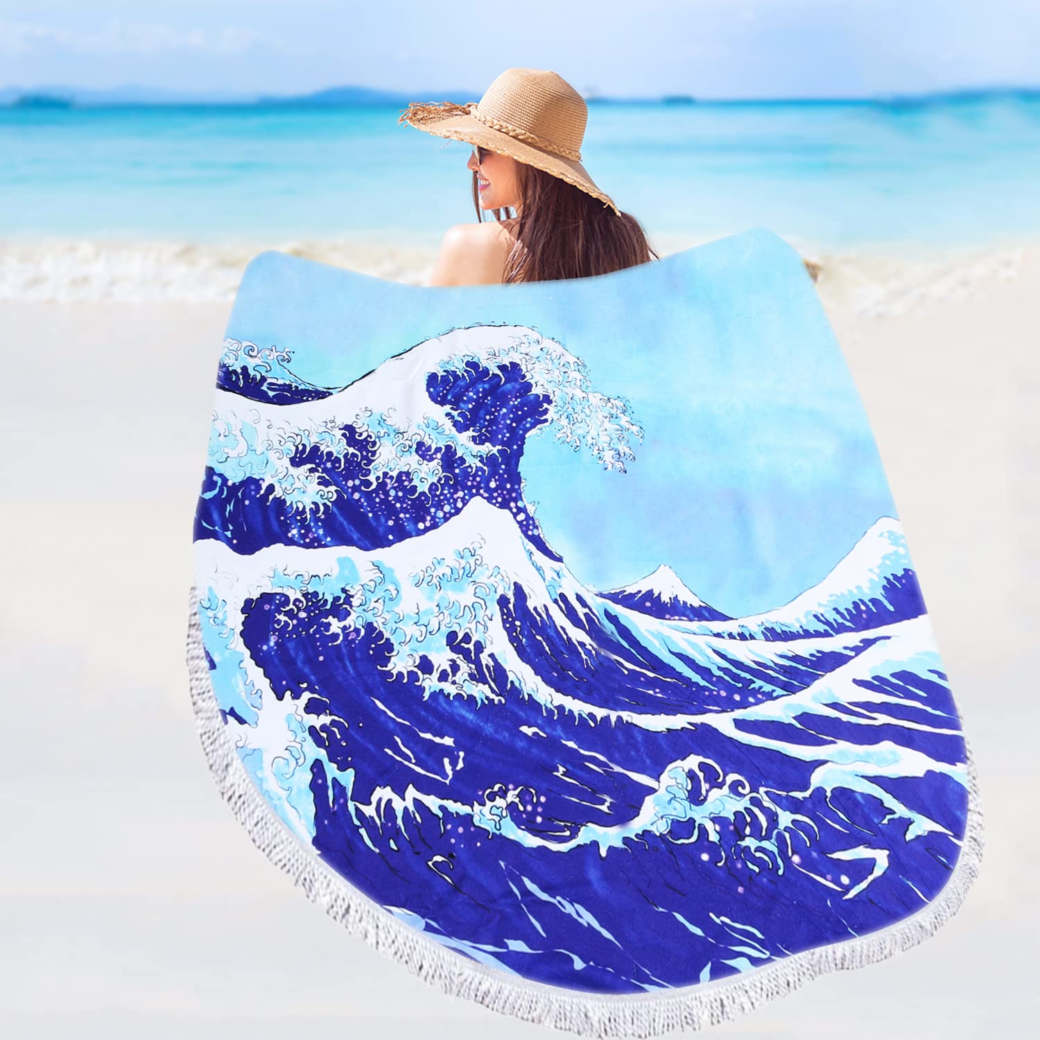 Violet Mist Blue Sea Wave Round Beach Blanket 60