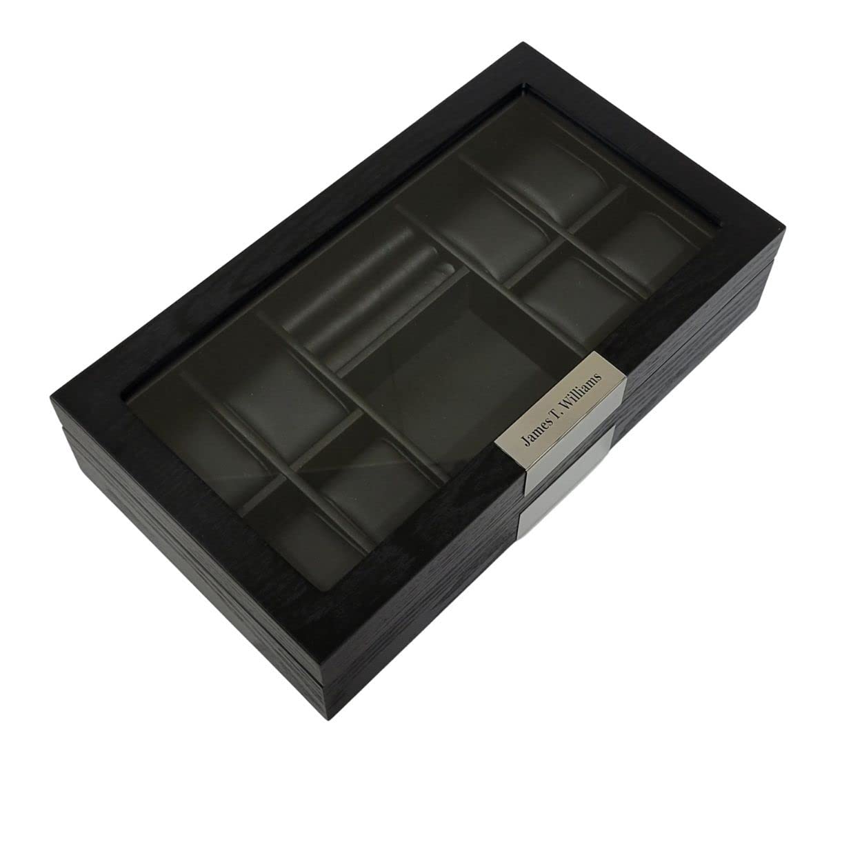 TIMELYBUYS Personalized 8-Slot Ebony Wood Watch Box with Glass Top - Luxury Watch Storage Organizer for Men, Cufflink & Jewelry Case with Stainless Steel Accents & Black Pillows - Perfect for Dresser, Closet or Gift Giving