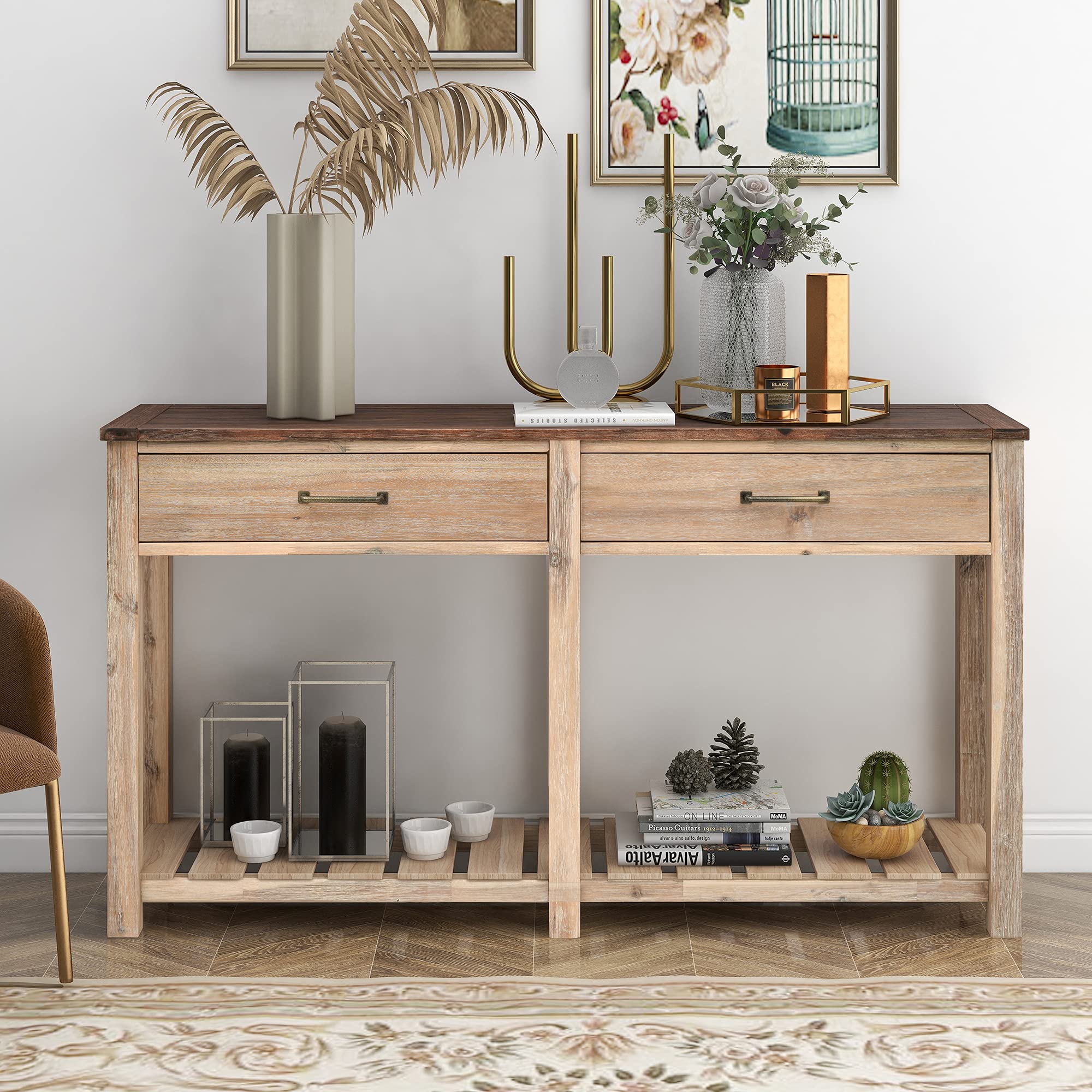 Solid Oak Console Table with 2 Drawers & Slatted Shelf - Entryway Storage Table for Living Room, Hallway & Foyer - Perfect for Home Decor & Small Space Organization