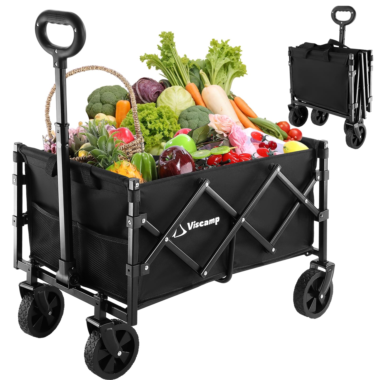 200LBS Heavy Duty Foldable Utility Wagon Cart - Portable Lightweight Collapsible Wagon with Removable Wheels for Beach, Shopping, Sports, Garden & Grocery (Black) | Perfect for Outdoor Adventures, Picnics, Camping & Home Use