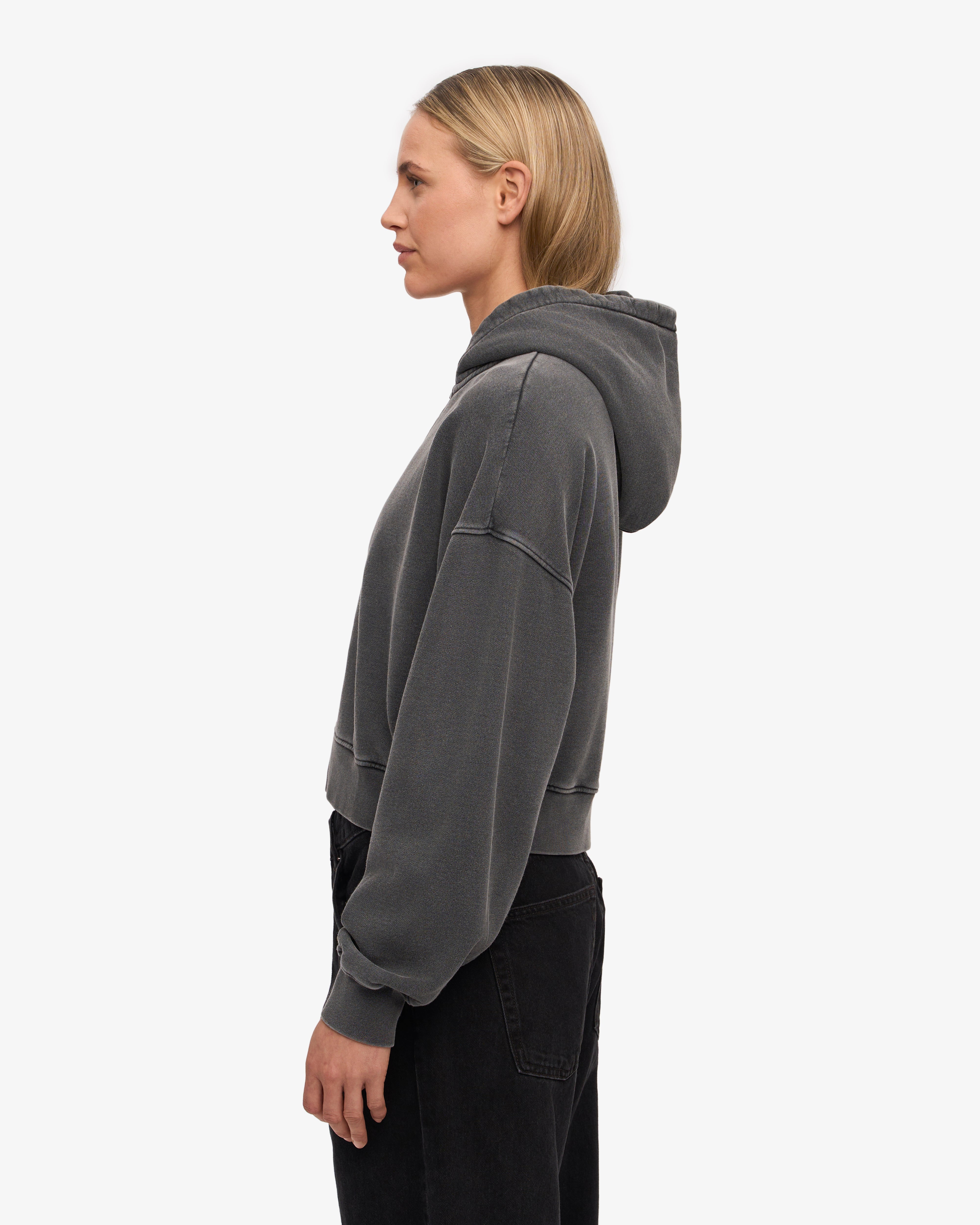 Organic Crop Zip Hoodie for Women - Faded Black Oversized Pullover | Casual Streetwear, Gym, Lounge & Outdoor Activities
