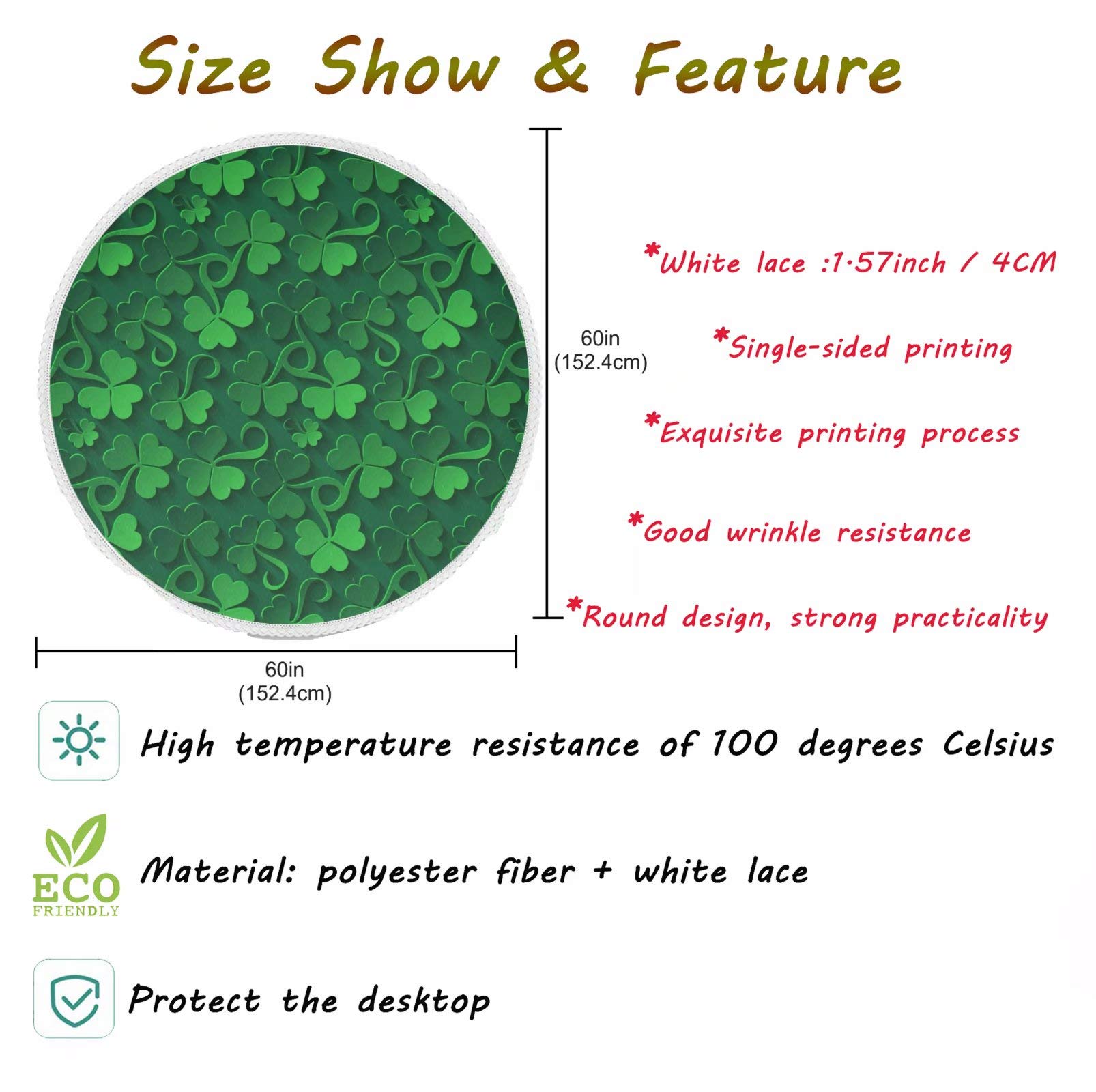 St. Patrick's Day Shamrock Round Tablecloth - 60 Inch Green Clover & Heart Design, Washable Polyester Table Cover for Dining, Holiday Decor, Home Party, Wedding & Picnic | Perfect for Irish-Themed Celebrations and Spring Gatherings
