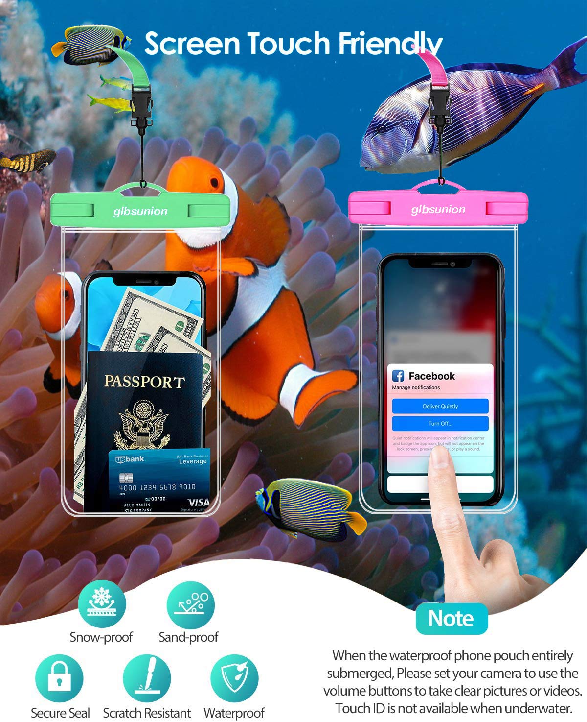 GLBSUNION 4-Pack Universal Waterproof Phone Case IPX8 Underwater Dry Bag - Compatible with iPhone 15 14 13 12 Pro Max, Galaxy S24/S23, Google Pixel (Up to 7.5 Inch) - Perfect for Swimming, Beach, Travel & Bathing