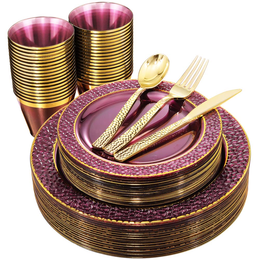 150-Piece Clear Purple & Gold Plastic Party Tableware Set - 25 Dinner Plates, 25 Dessert Plates, 25 Cups, 25 Forks, 25 Knives, 25 Spoons - Elegant Wedding, Birthday & Special Event Disposable Tableware for Easy Cleanup