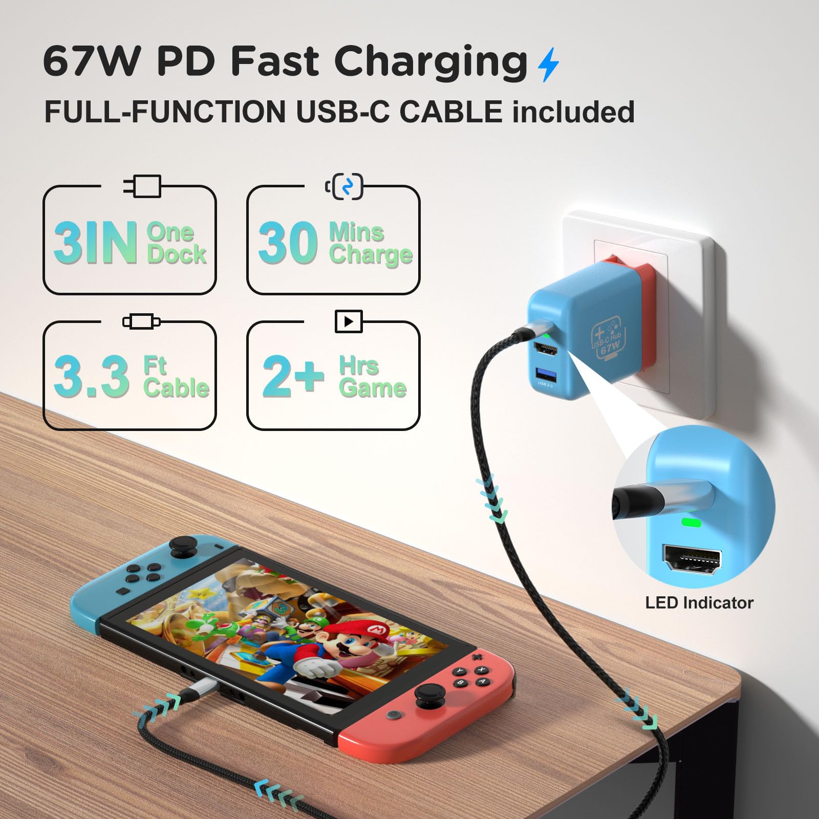 67W USB C Charger Dock for Nintendo Switch/OLED - Portable Travel TV Docking Station with 4K HDMI, USB 2.0 & PD Charging Port - Fast Charging Adapter with USB-C Cable for Laptop, Phone, Steam Deck - Perfect for Gaming, Travel & Home Entertainment