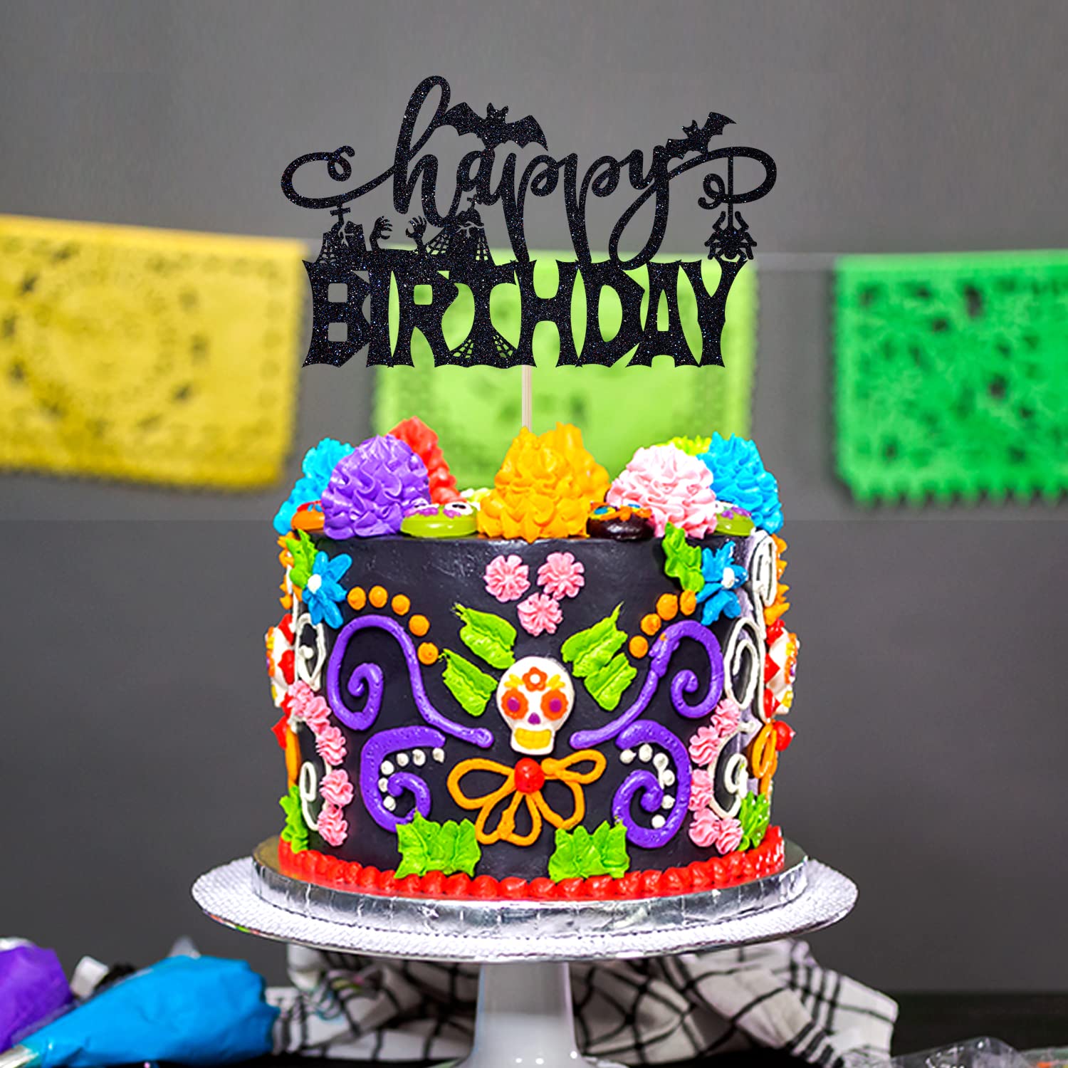 Spooky Zombie Halloween Birthday Cake Topper - Black Glitter Bat & Ghost Cake Decorations for Adult & Kids Parties - Perfect for Halloween Celebrations, Spooky Birthday Cakes, and Themed Dessert Displays