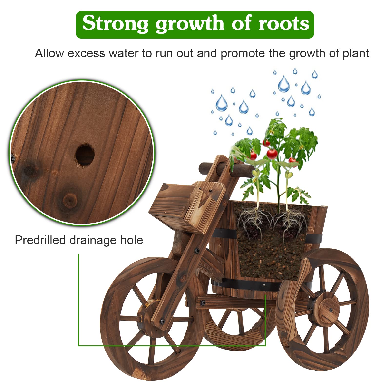 KINTNESS Decorative Wooden Garden Planter Wagon Cart with Wheels - Raised Flower Bed Planter Stand for Backyard, Patio, Lawn | Perfect for Outdoor Decor, Herb Gardening & Small Space Landscaping