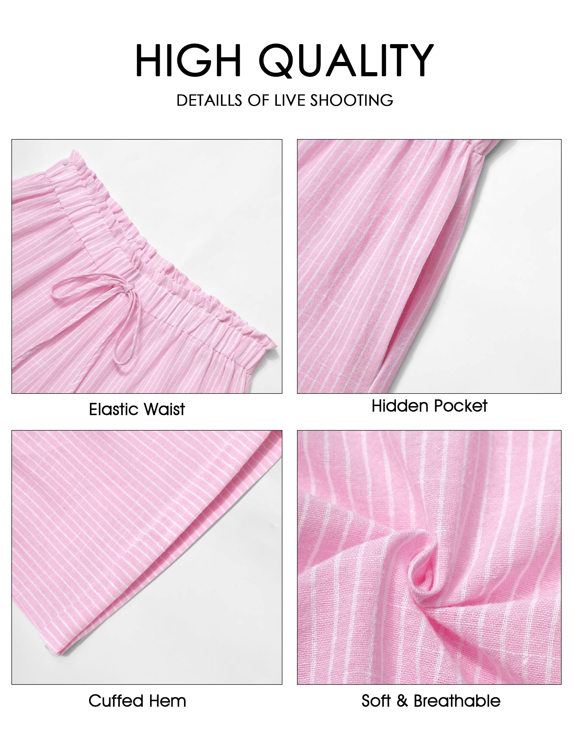 2024 Women's Summer Linen Shorts - High Waisted Striped Lounge Shorts with Elastic Waistband & Pockets | Casual Wear, Beach Vacation, Yoga, and Outdoor Activities | Pink