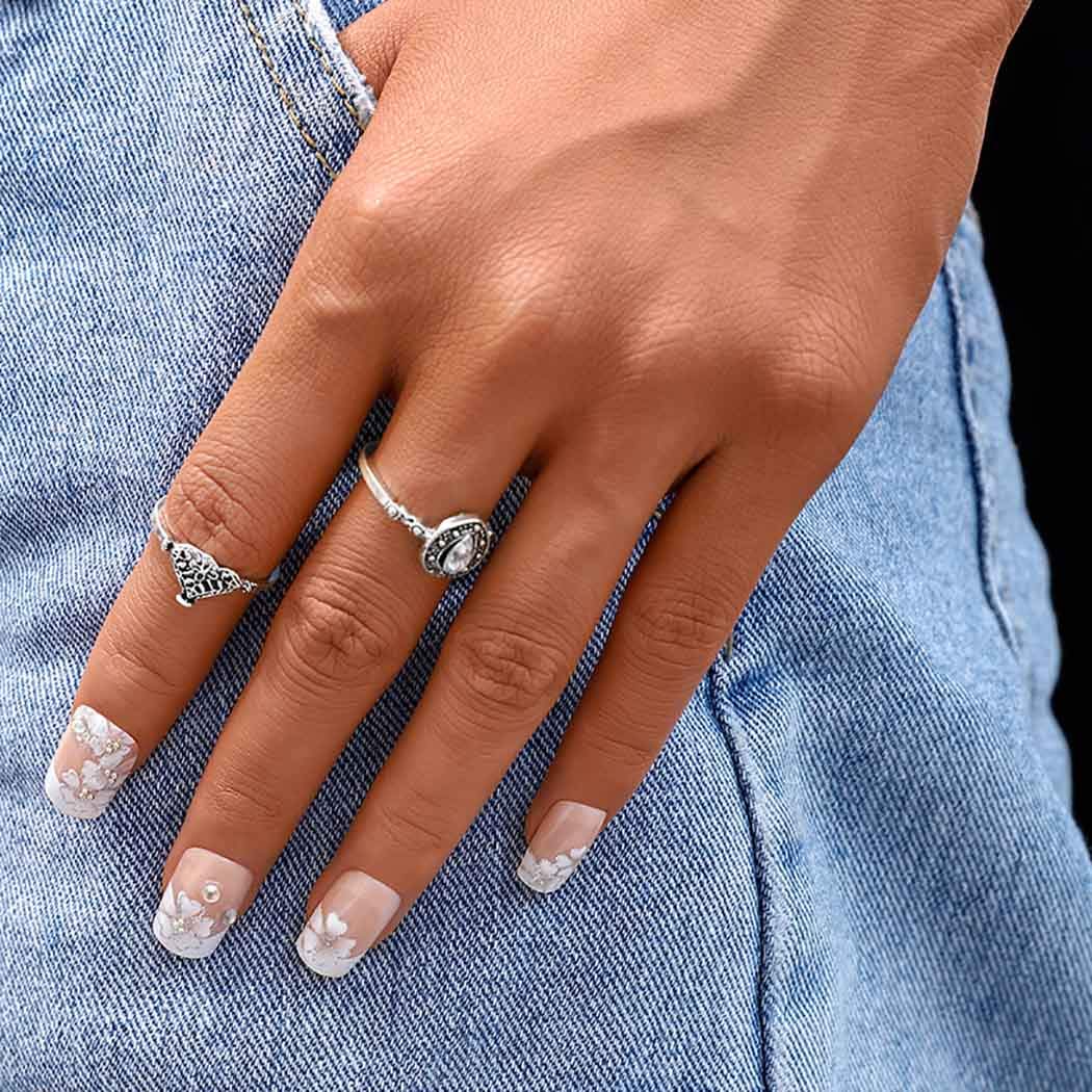 Sethexy 3D Rhinestone False Nails - 24Pcs Flower Wedding Acrylic Full Cover Fake Nails with Glitter Art Design for Women & Girls | Perfect for Bridal, Prom, Parties & Special Occasions