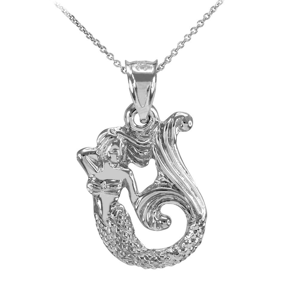 10K White Gold Textured Mermaid Pendant Necklace for Women - Elegant Fairy Tale Jewelry Gift for Birthday, Anniversary & Special Occasions