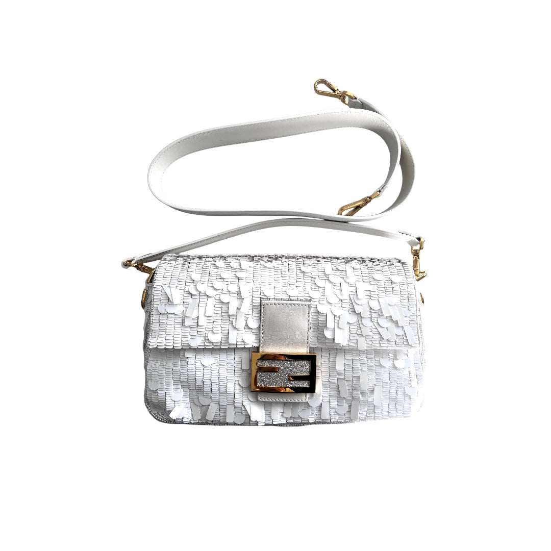 Fendi White Sequin Baguette Bag - Luxury Designer Handbag for Women | Perfect for Parties, Weddings & Evening Events