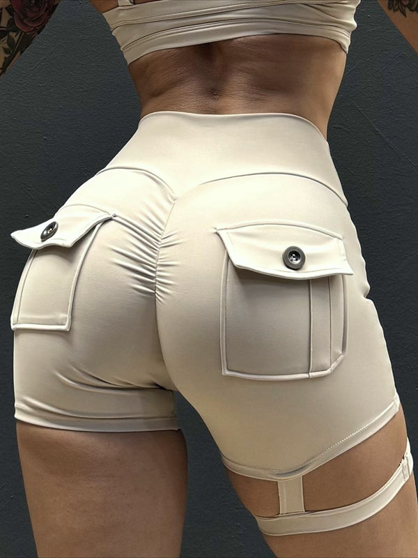 ZASUWA Women's High Waist Scrunch Butt Lifting Workout Shorts with Cut Out Design & Cargo Pockets - Gym, Running, Yoga & Summer Fashion