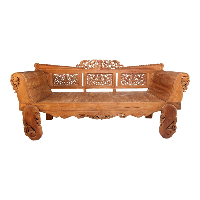 Hand Carved Bali Teak Wood Daybed with Ornate Carving Rails - Natural Finish | Perfect for Outdoor Patio, Poolside Lounging & Boho Chic Home Decor