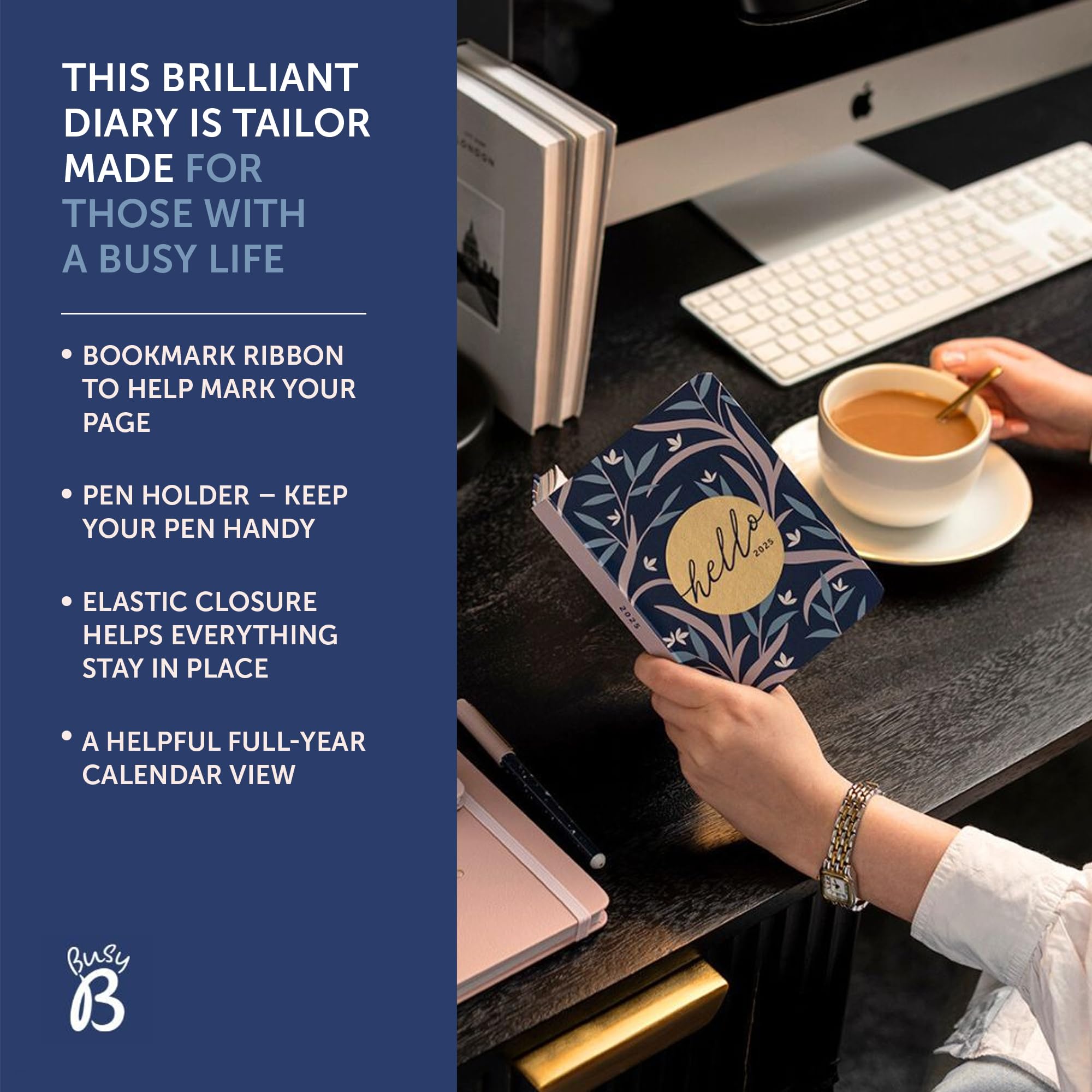 Busy B 2025 A6 Weekly Planner - Compact Navy Floral Diary with To-Do Lists, Notes Pages & 3 Pockets | Week-to-View Layout + Year Planner | Perfect for Work, School & Personal Organization