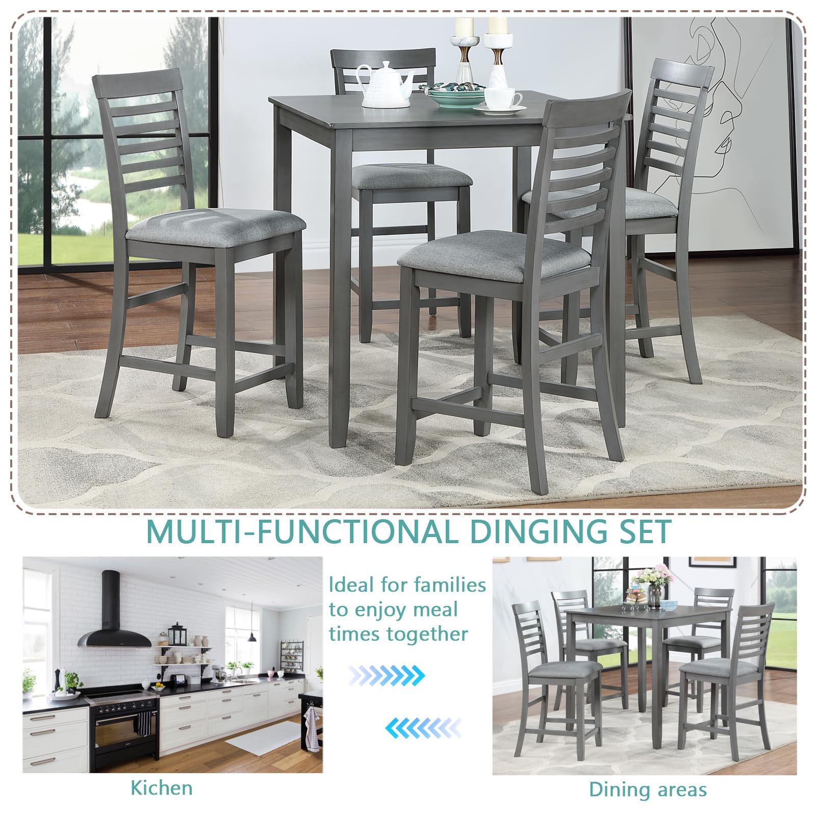 **Merax 5-Piece Counter Height Dining Table Set for 4 - Square Kitchen Table with 4 Linen Upholstered Chairs, Wooden Small Space Dining Set in Gray - Perfect for Apartments, Breakfast Nooks & Cozy Kitchens**