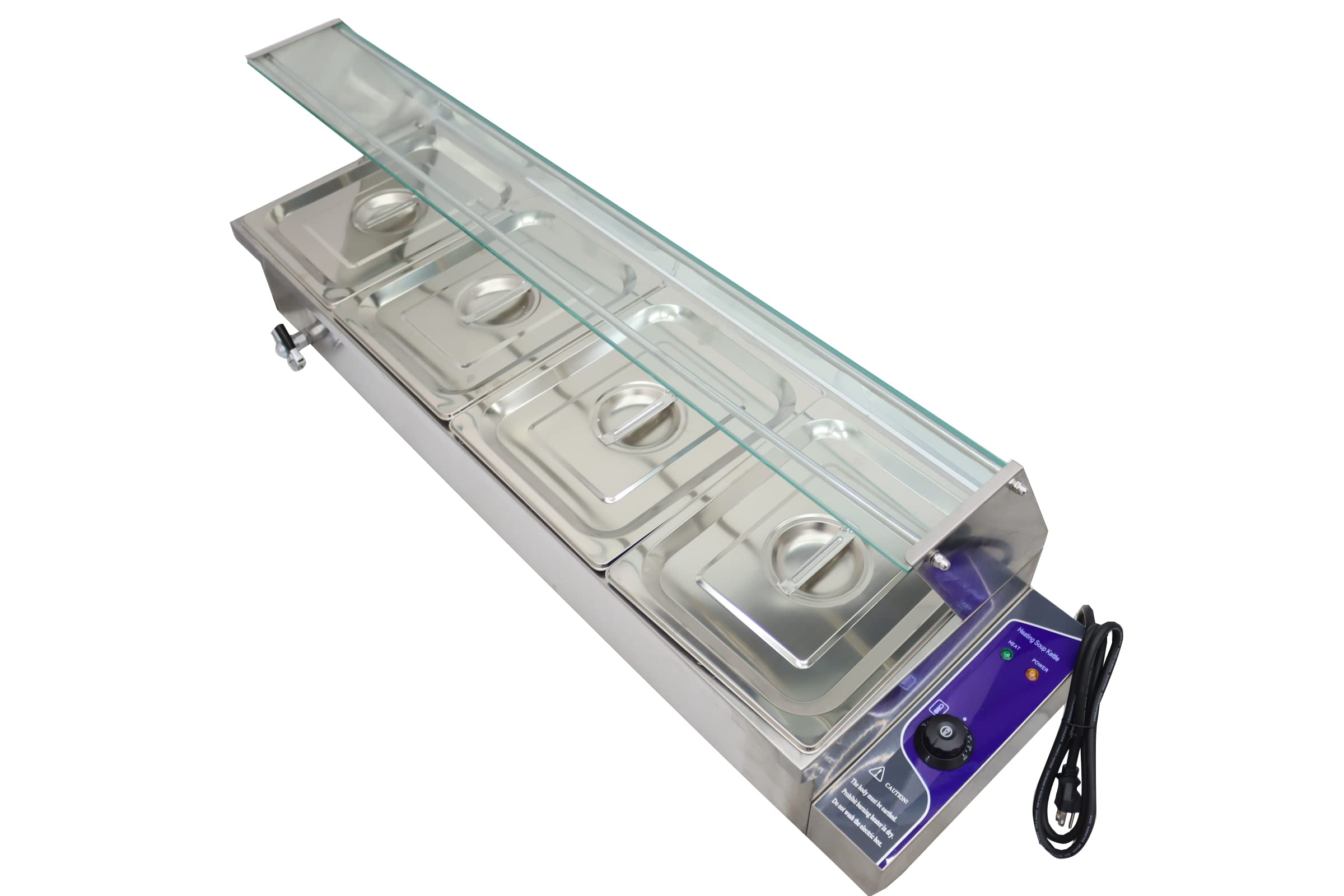INTSUPERMAI Commercial 6-Inch Deep Food Warmer - Countertop Bain Marie with Glass Shield (4 Pot, 110V) for Soup, Buffet & Canteen | Perfect for Restaurants, Catering & Steam Table Service